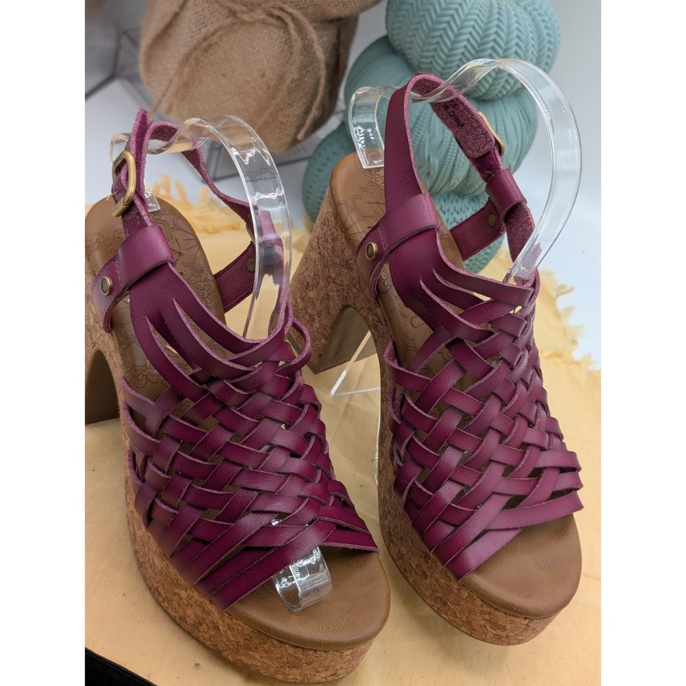 Blowfish Malibu Pandorea Wine Purple Woven Strappy Cork Platform Wedge 7 1/2